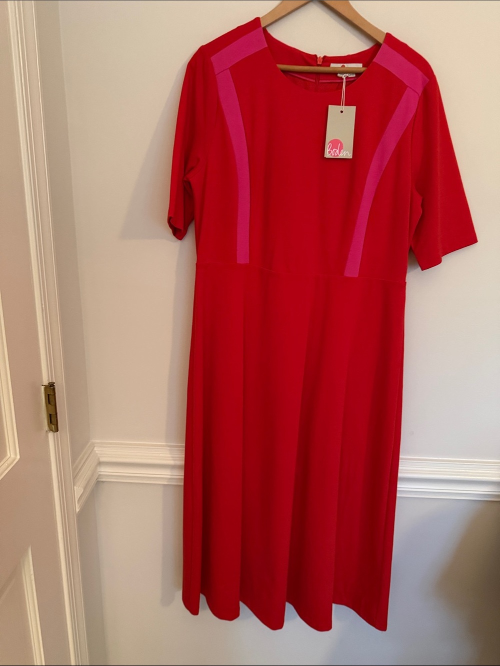 Boden Red Midi Dress with Pink Panel Accents
